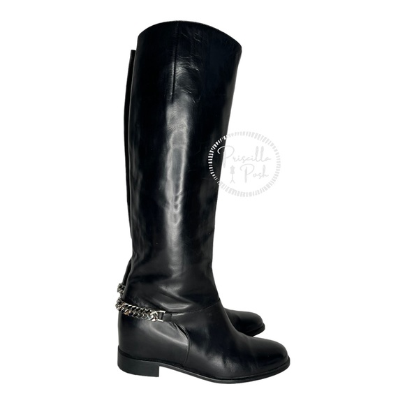 SOLD Christian Louboutin Black Leather Knee High Silver Chain Riding Boots 37 - Picture 5 of 16